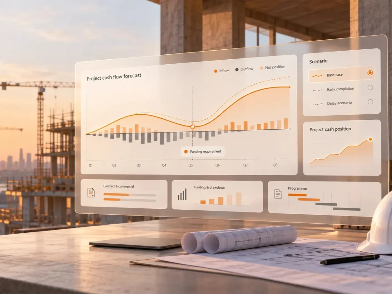 Engineer and finance professional reviewing a construction cash-flow forecast